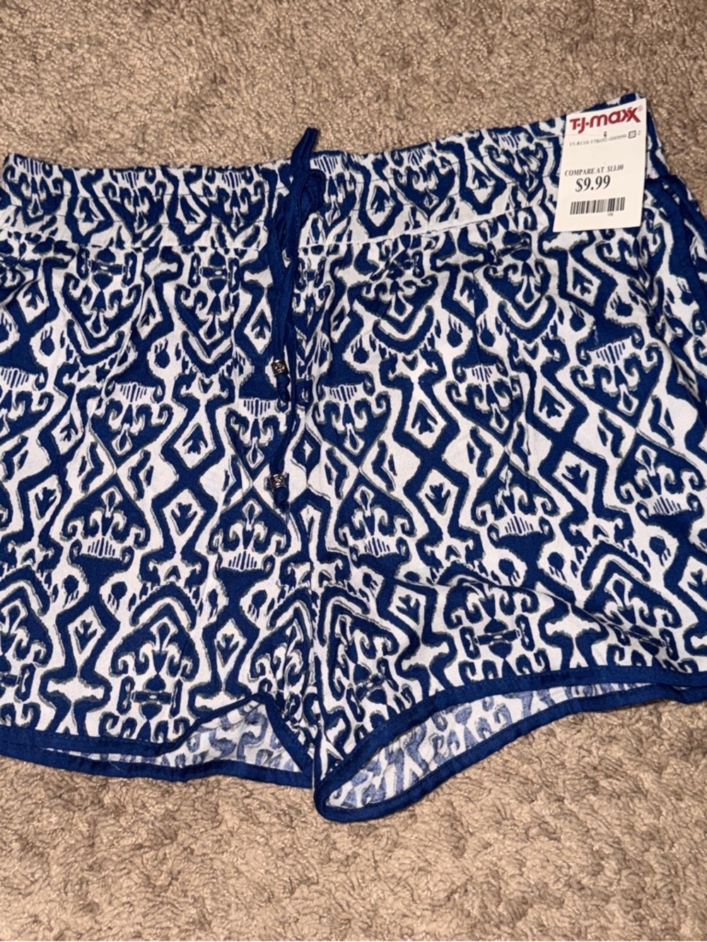 Angie Navy & White Geometric Drawstring Athletic Shorts